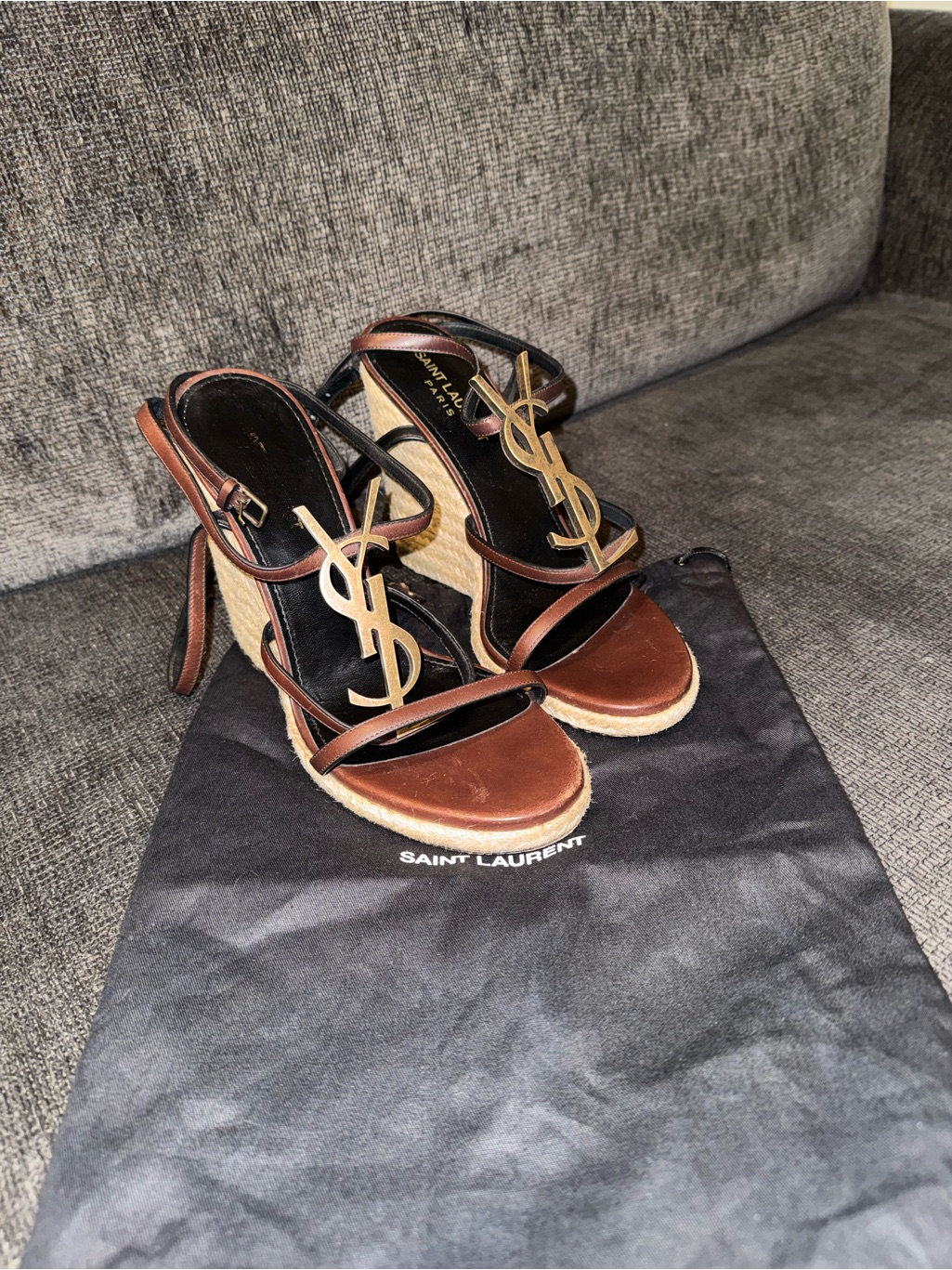 Saint Laurent Brown And Black Leather Espadrille Wedge Sandals With Gold Logo